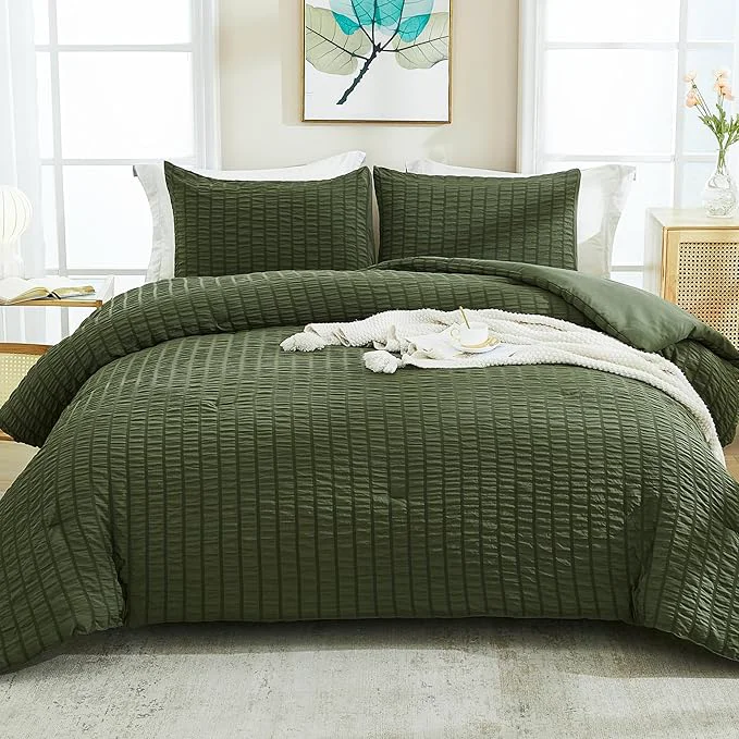 Outstanding AveLom Dark Olive Green Seersucker Full Comforter Set 80x90 inches 3 Pieces- Soft Washed Microfiber Lightweight Comforter with 2 Pillowcases All Season Down Bedding Set Reusable