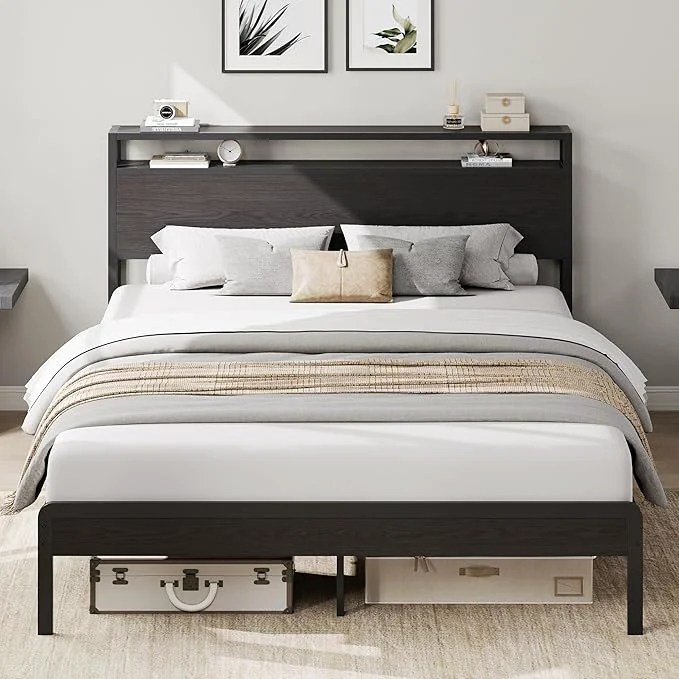 Official LIKIMIO Full Bed Frame with Headboard Dark Wood Camas Full with Strong Supports Sturdy Noise- No Box Spring Needed Classic Black Luxury