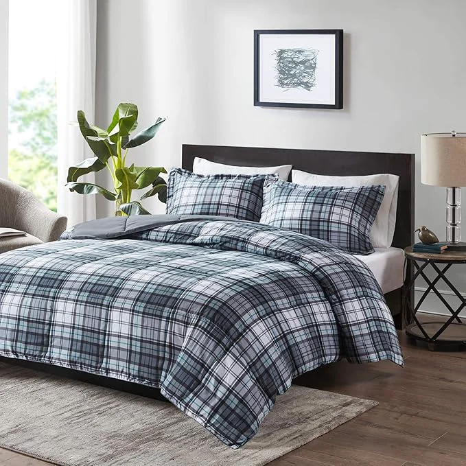 High-Quality Madison Park Essentials Parkston Plaid Comforter Matching Sham 3M Scotchguard Stain Release Cover Hypoallergenic All Season Bedding-Set Twin TwinXL Grey 2 Piece Outstanding