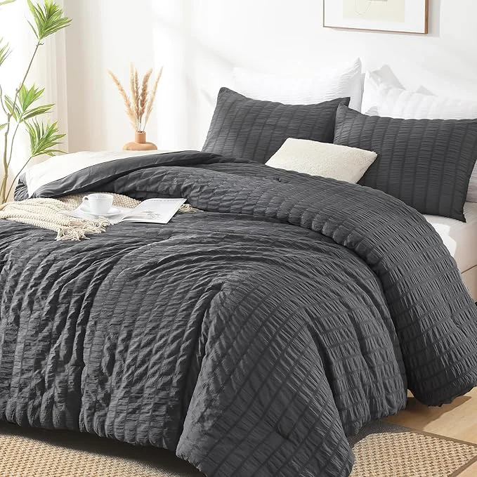 Selected AveLom Dark Gray Seersucker California King Comforter Set 104x96 inches 3 Pieces- Soft Washed Microfiber Lightweight Comforter with 2 Pillowcases All Season Down Bedding Set Consistent
