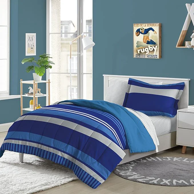 Easy-to-Use Dream Factory Kids 5-Piece Complete Bed Set Easy-Wash Super Soft Microfiber Comforter Bedding Twin Blue Rugby Stripe 2D872701BL Comfortable