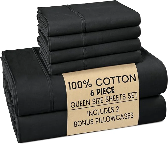 Fine Casa Platino Sheets Queen – 6 Piece Crisp Percale Weave Queen Cooling Sheets with 15 quot Deep Pockets Lightweight amp Cool Feel for All Sleepers Ultra Soft amp Breathable for a Great Nights Sleep – Black Healthy