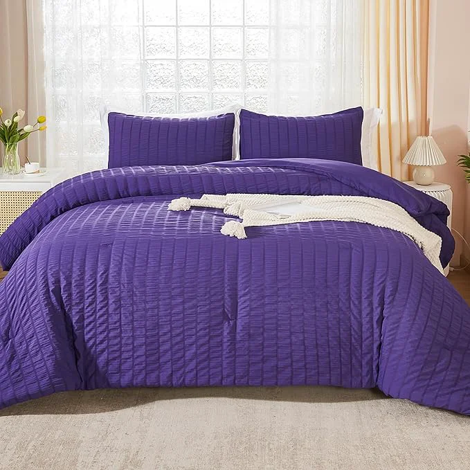 Classic AveLom Dark Purple Seersucker California King Comforter Set 104x96 inches 3 Pieces- Soft Washed Microfiber Lightweight Comforter with 2 Pillowcases All Season Down Bedding Set Verified