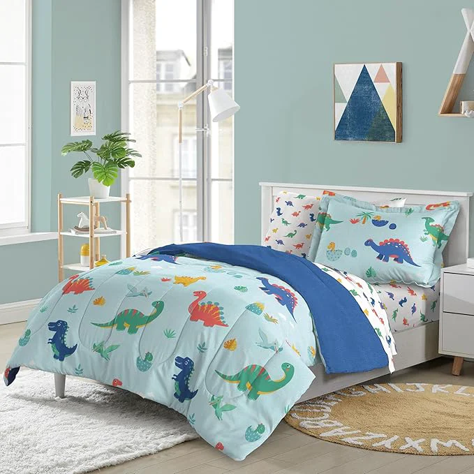 Authentic Dream Factory Kids 7-Piece Complete Bed Set Easy-Wash Super Soft Microfiber Comforter Bedding Full Blue Sweet Dino Relaxed