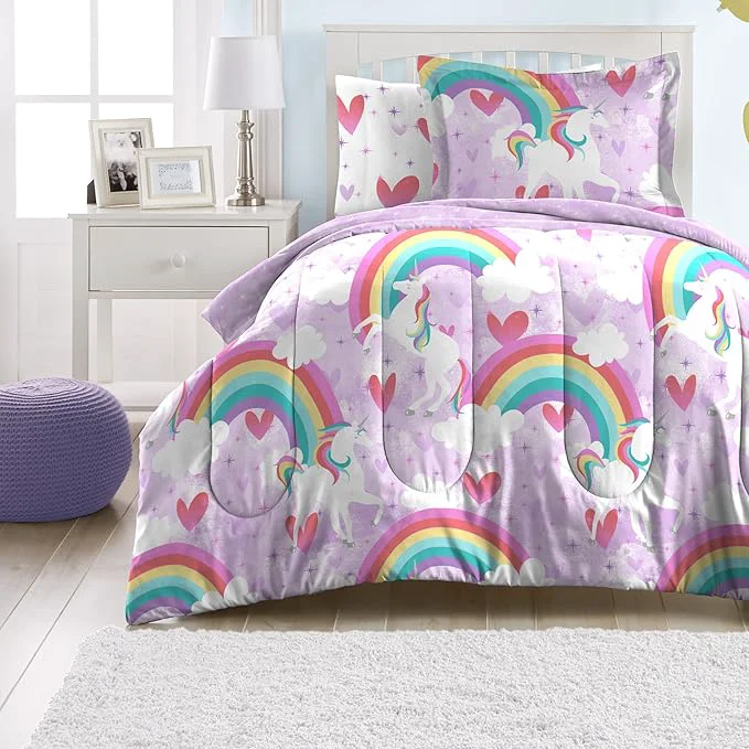 Outstanding dream FACTORY Kids 5-Piece Complete Set Easy-Wash Super Soft Microfiber Comforter Bedding Twin Purple Unicorn Rainbow Elegant
