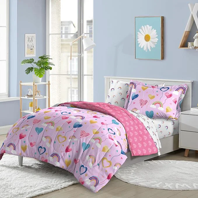 Breathable Dream Factory Kids 5-Piece Complete Bed Set Easy-Wash Super Soft Microfiber Comforter Bedding Twin Lilac Balloon Hearts Outstanding