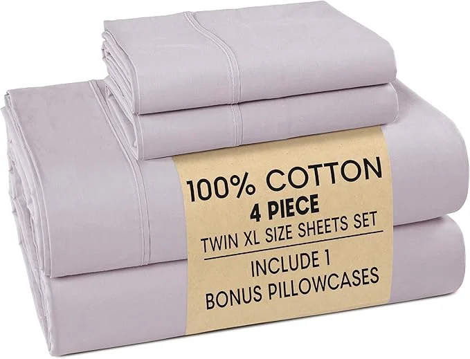 Luxury Casa Platino Cotton Twin XL Size Sheets – Crisp Percale Sheets Twin XL with 2 Pillowcases with 15 quot Deep Pocket Sheet for Secure Fit Ultra Soft amp Cozy Excellent Quality amp Fit – Grey Lavender Outstanding