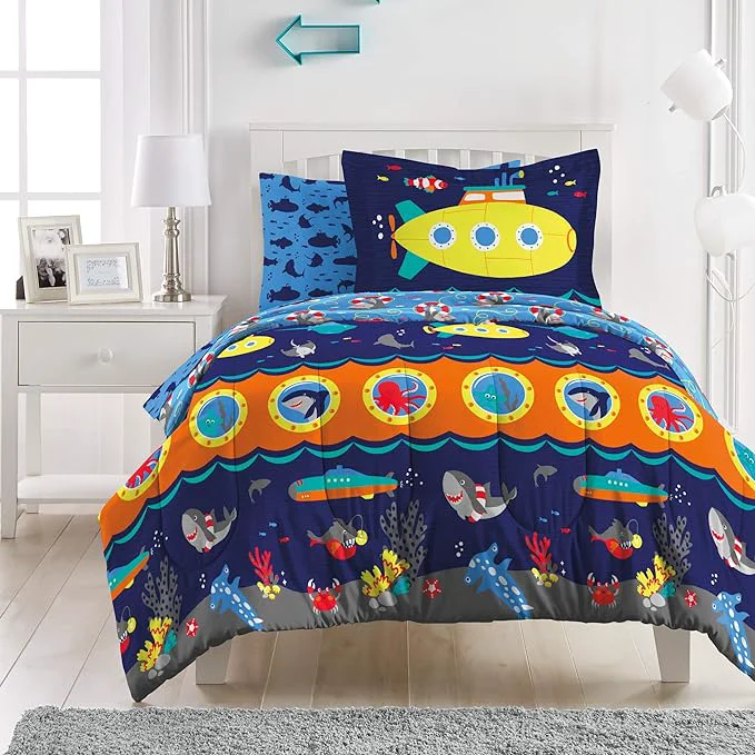 Practical dream FACTORY Kids 5-Piece Complete Set Easy-Wash Super Soft Microfiber Comforter Bedding Twin Navy Submarine Healthy