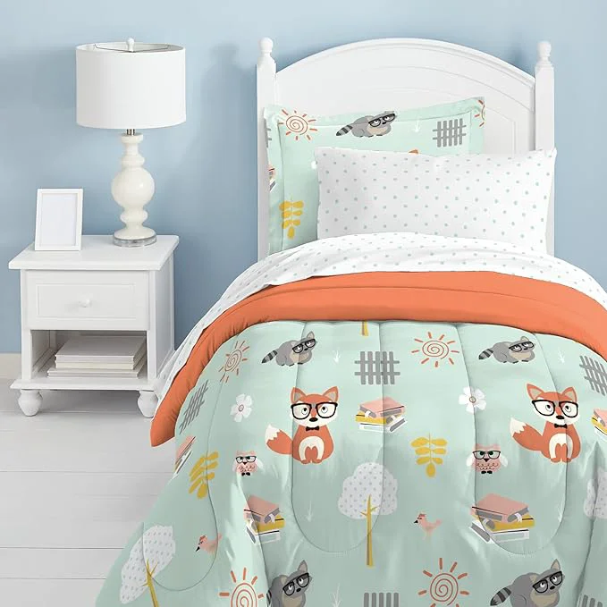 Trusted dream FACTORY Kids 5-Piece Complete Set Easy-Wash Super Soft Microfiber Comforter Bedding Twin Green Woodland Friends High-Performance