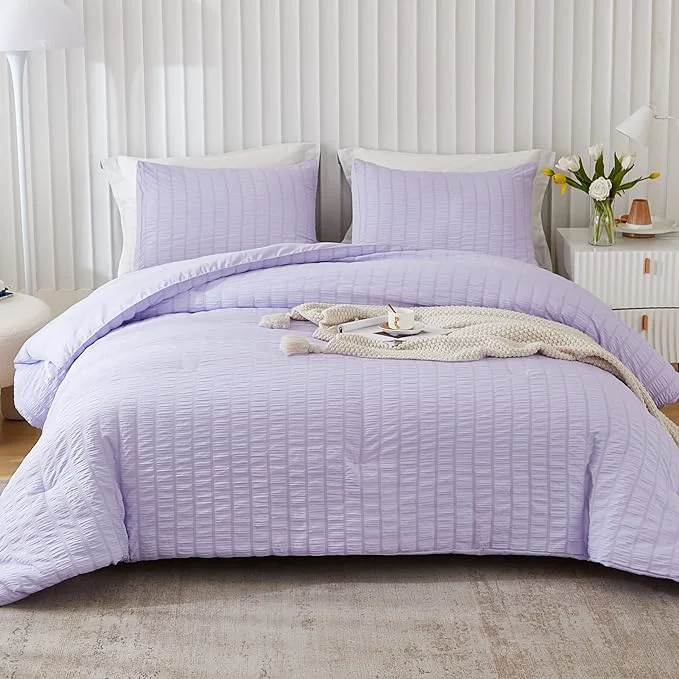 World-Class AveLom Lavender Purple Seersucker King Comforter Set 104x90 inches 3 Pieces- Soft Washed Microfiber Lightweight Comforter with 2 Pillowcases All Season Down Comforter Set for Bedding Relaxed