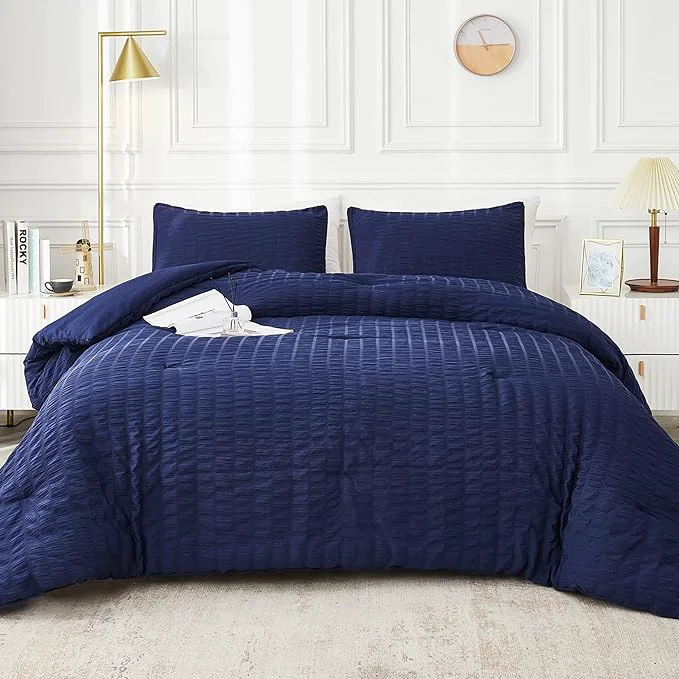 Long-Lasting AveLom Navy Blue Seersucker California King Comforter Set 104x96 inches 3 Pieces- Soft Washed Microfiber Lightweight Comforter with 2 Pillowcases All Season Down Bedding Set Recyclable