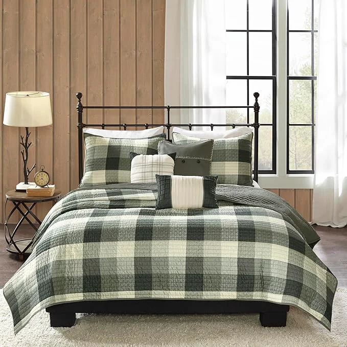 Next-Generation Madison Park Reversible Quilt Cabin Lifestyle Plaid Design - All Season Breathable Coverlet Bedspread Bedding Set Matching Shams Ridge Grey King Cal King 104 quot x92 quot 6 Piece Effective