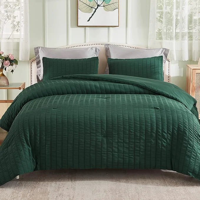 Practical AveLom Dark Green Seersucker Twin Comforter Set 68x90 inches 2 Pieces- Soft Washed Microfiber Lightweight Comforter with 2 Pillowcases All Season Down Comforter Set for Bedding Eco-Friendly