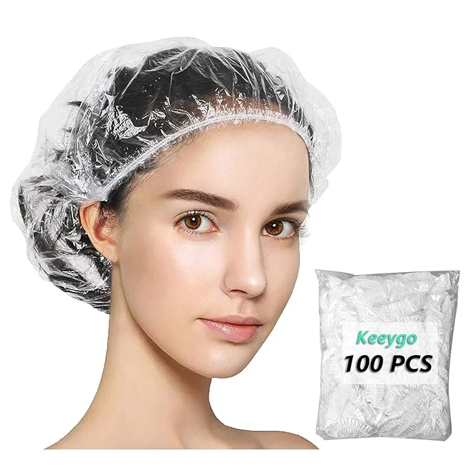 Professional Keeygo Disposable Shower Caps 100 PCS Bath Caps Clear Waterproof Plastic Wraps Fashionable