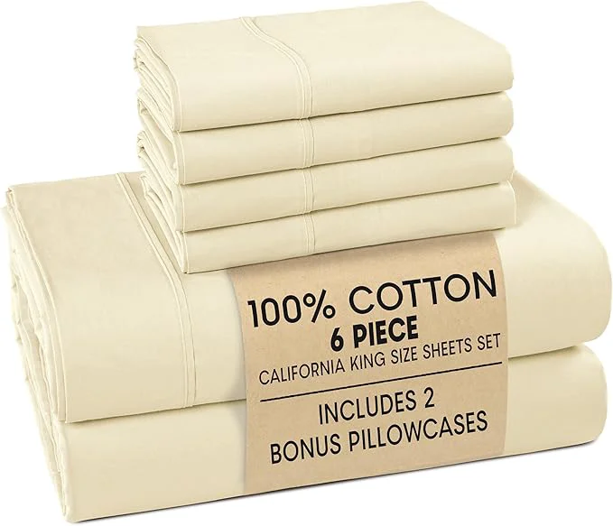 Crafted Casa Platino Cal King Bed Sheets – Breathable 6 Piece Percale Cooling Cal King Sheets with Crisp Feel with 15 Inch Deep Pocket Fitted Sheet Ultra Soft amp Cozy Feel Fit – Ivory High-Performance