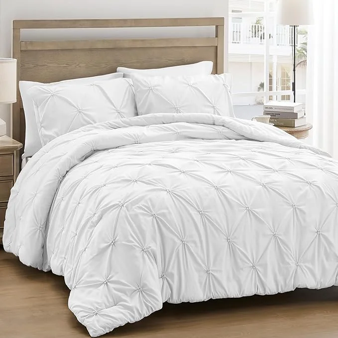 Pure UNIKOME Queen Comforter Set White - Ultra Soft Boho Pintuck Down Bedding Set for All Seasons 3 Pieces Lightweight Warm Pinch Pleat Bed Set with Comforter 2 Pillowcases Fast