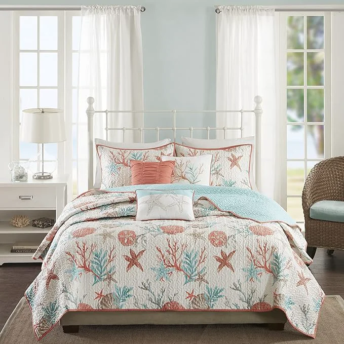 Responsible Madison Park Quilt Set Cottage Coastal Design Starfish Print - All Season Coverlet Bedspread Lightweight Bedding Layer Shams Toss Pillows King Cal King 104 quot x94 quot Pebble Beach Coral 6 Piece Verified