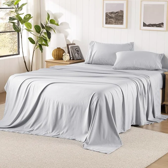 High-Quality Grey Sheets Full Size Sheet Set Pre-washed Microfiber Cotton-Like 4 Pcs Ultra Soft Bedding Set Full Breathable Cooling Skin-Friendly All Seasons 1 Fitted 1 Flat 2 Pillowcases Light Grey Full Artisan