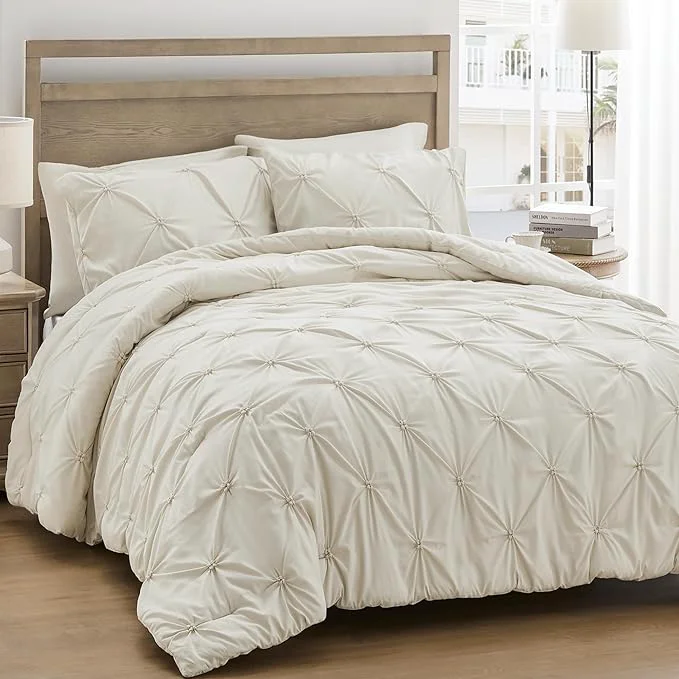 Dependable UNIKOME Queen Comforter Set Beige - Ultra Soft Boho Pintuck Cream Down Bedding Set for All Seasons 3 Pieces Lightweight Warm Pinch Pleat Bed Set with Comforter 2 Pillowcases Proven