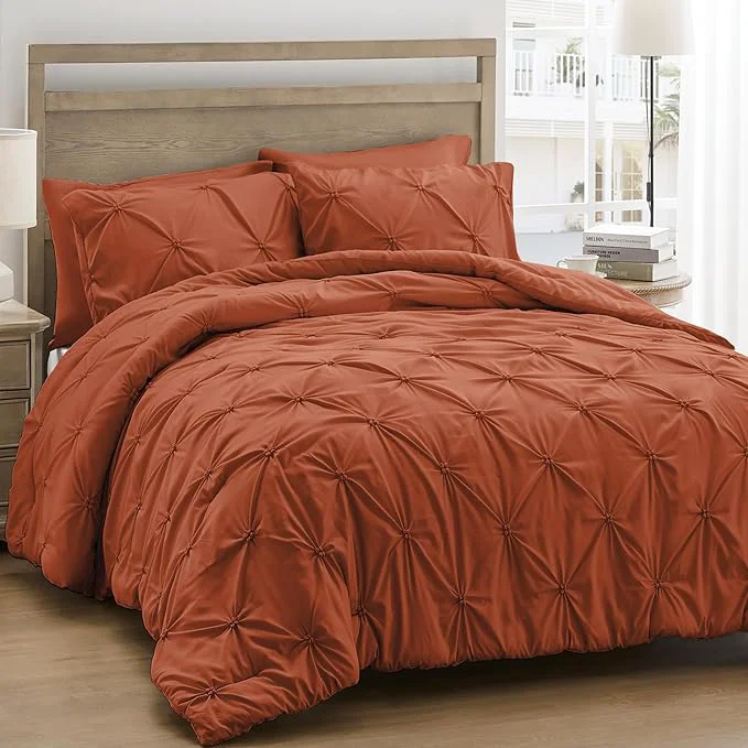 Smart UNIKOME Queen Comforter Set Burnt Orange - Ultra Soft Boho Pintuck Down Bedding Set for All Seasons 3 Pieces Lightweight Warm Pinch Pleat Bed Set with Comforter 2 Pillowcases