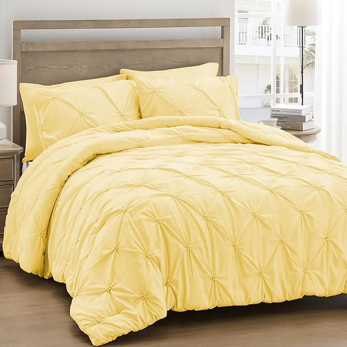 Elite UNIKOME Queen Comforter Set Yellow - Ultra Soft Boho Pintuck Down Bedding Set for All Seasons 3 Pieces Lightweight Warm Pinch Pleat Bed Set with Comforter 2 Pillowcases Proven