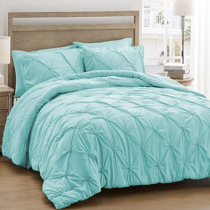Stylish UNIKOME King Size Comforter Set Aqua Blue - Ultra Soft Boho Pintuck Down Bedding Set for All Seasons 3 Pieces Lightweight Warm Pinch Pleat Bed Set with Comforter 2 Pillowcases Trusted