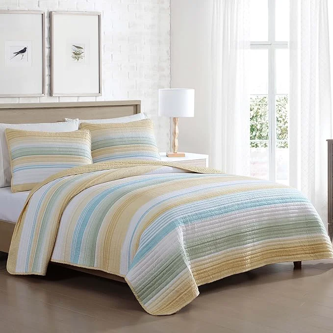 Breathable Beatrice Home Fashions Coralinn Striped 3-Piece Quilt Set Lightweight All-Seasons Full Queen Yellow Sage Long-Lasting
