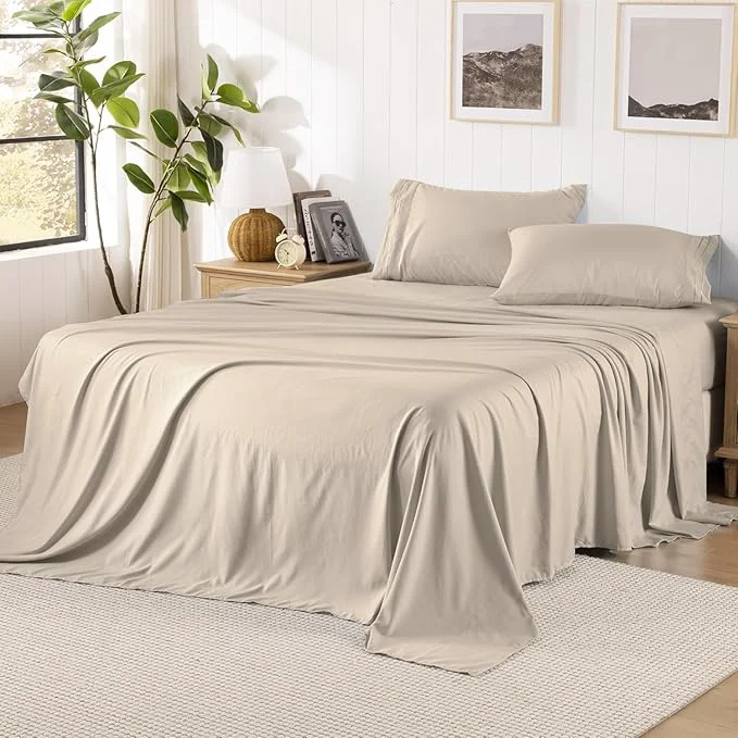 Professional ROSE amp RISY Khaki King Size Sheet Set Pre-Washed Microfiber Cotton-Like 4 Pcs Ultra Soft Bedding Set King Breathable Cooling Skin-Friendly All Seasons 1 Fitted 1 Flat 2 Pillowcases Khaki King Excellent