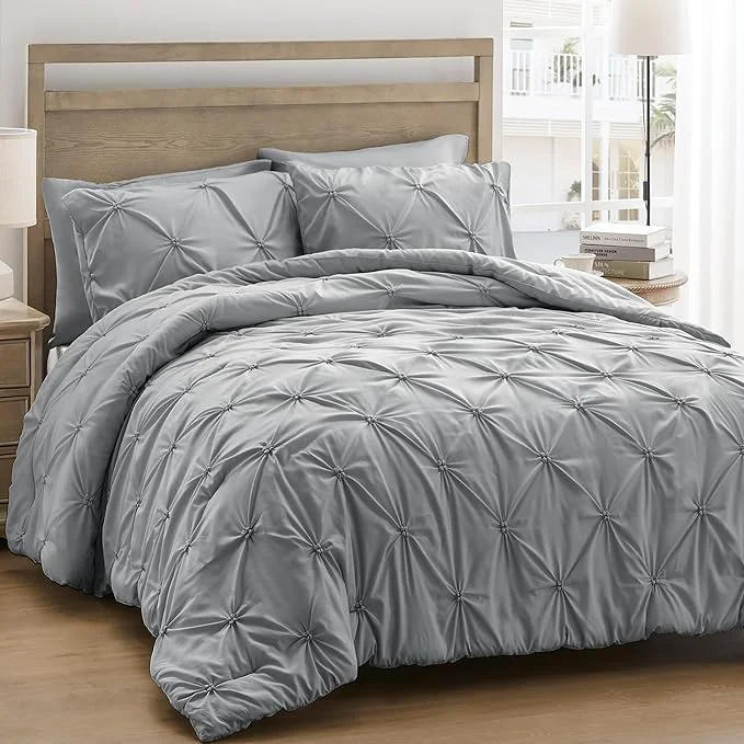 High-Grade UNIKOME Queen Comforter Set Gray Light Gray - Ultra Soft Boho Pintuck Down Bedding Set for All Seasons 3 Pieces Lightweight Warm Pinch Pleat Bed Set with Comforter 2 Pillowcases