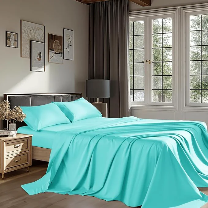 Flexible Egyptian Cotton Sheets 1200 Thread Count King Size Bedding Sets 4 Pcs Fitted Sheet Up to 16 quot Deep Breathable All Seasons King Lake Green Excellent