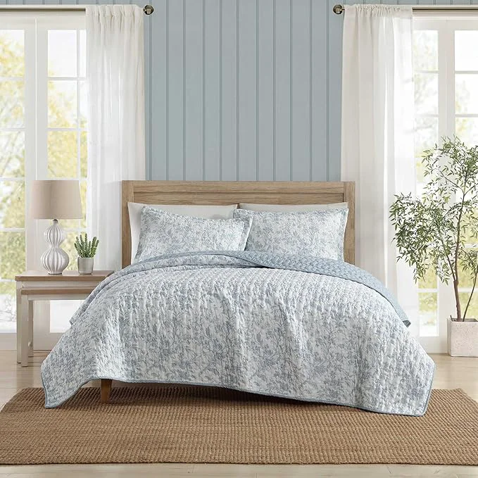 Verified Laura Ashley - Twin Quilt Set Super Soft Bedding with Reversible Design Medium Weight for Year Round Use 2 Piece Bed Set with Matching Pillowcase Amberley Pastel Blue Smart