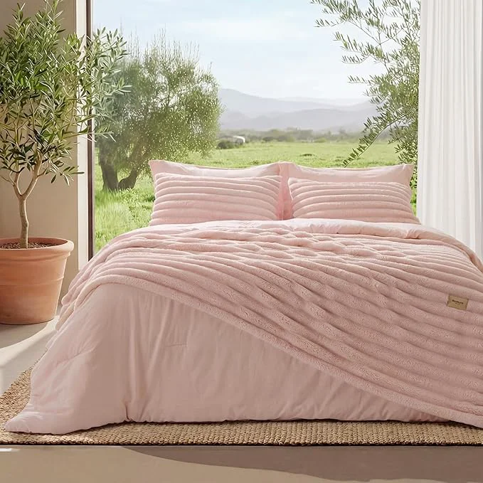 Recyclable Bedsure Gentlesoft™ 2-in-1 Twin Comforter Set and Detachable Fluffy Blanket Pink Bedding Set for All Season Use SnapTech Design for Space Saving Includes 1 Pillow Sham 1 Pillowcase Dependable