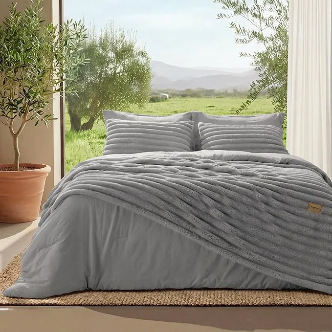 Selected Bedsure Gentlesoft™ 2-in-1 Full Comforter Set and Detachable Fluffy Blanket Grey Bedding Set for All Season Use SnapTech Design for Space Saving Includes 2 Pillow Shams 2 Pillowcases Versatile