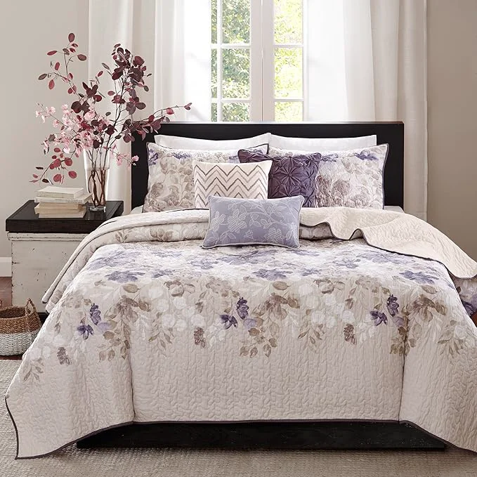 Madison Park Luna Quilt Modern Classic Design All Season Breathable Coverlet Lightweight Bedding Set Matching Shams Decorative Pillow King Cal King 104 quot x94 quot Floral Taupe 6 Piece Secure