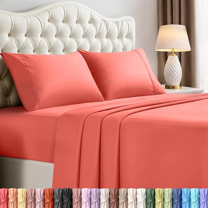 Solid Utopia Bedding California King Size Sheet Set – 4 Piece Bed Sheets Soft and Breathable Microfiber Includes 1 Fitted Sheet 1 Flat Sheet and 2 Pillowcases – Oeko Tex Coral Relaxed