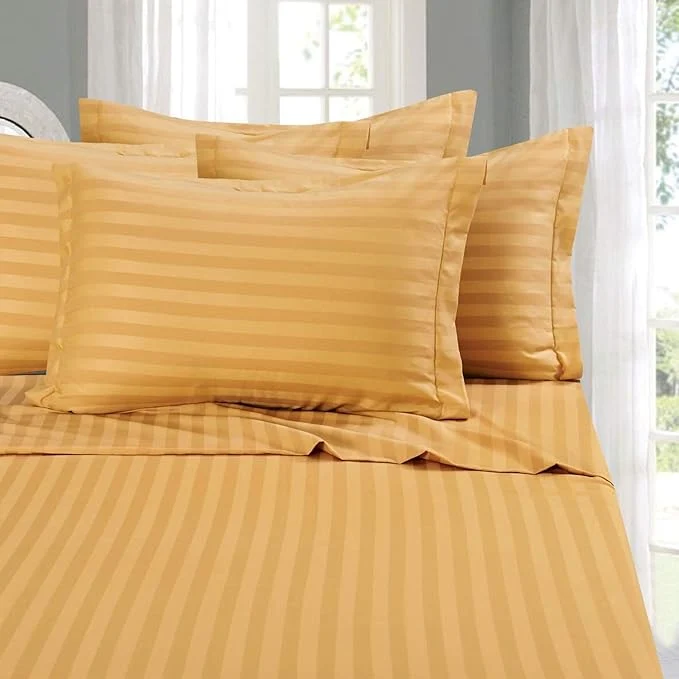 Professional Elegant Comfort Softest Coziest 6-Piece Sheet Sets - 1500 Premier Hotel Quality Luxurious Wrinkle Resistant 6-Piece Damask Stripe Bed Sheet Set California King Camel Gold Relaxed