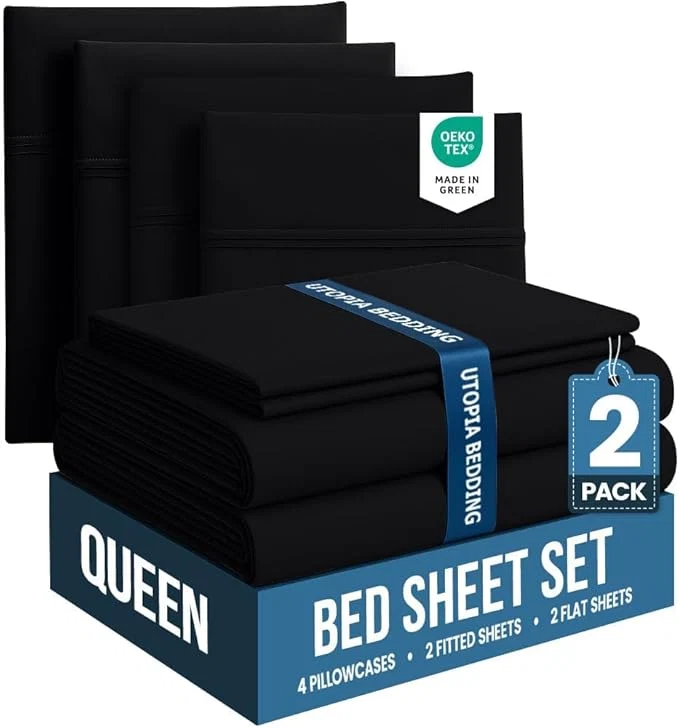 Green Utopia Bedding Queen Bed Sheets Set - Pack of 2 Sheet Sets - for Spa Hotel amp Guest Bedroom - Brushed Microfiber - Shrinkage and Fade Resistant - Easy Care Black Reliable