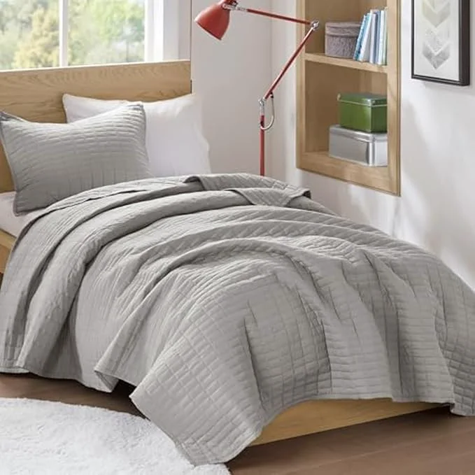 Classic Comfort Spaces Kienna Quilt Set- Double Sided Stitching Design Summer Blanket Lightweight Soft All Season Bedding Layer Matching Sham Grey Coverlet Twin Twin XL 66 quot x90 quot 2 Piece Practical