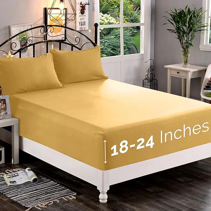 Sustainable Elegant Comfort 1500 Premium Quality Fitted Sheet Ultra Soft 18-24 Inch Extra Deep Pocket - Single Fitted Sheet for High Mattress - Wrinkle with Smart Storage Pockets Full Camel-Gold Refined