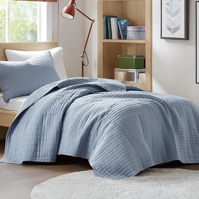 Sustainable Comfort Spaces Kienna Quilt Set- Double Sided Stitching Design Summer Blanket Lightweight Soft All Season Bedding Layer Matching Sham Blue Coverlet Twin Twin XL 66 quot x90 quot 2 Piece Trusted
