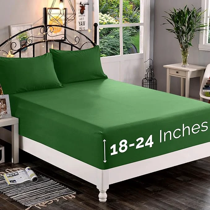 Eco-Friendly Elegant Comfort 1500 Premium Quality Fitted Sheet Ultra Soft 18-24 Inch Extra Deep Pocket - Single Fitted Sheet for High Mattress - Wrinkle with Smart Storage Pockets Twin Twin XL Hunter Green Stylish