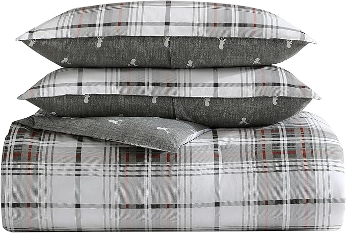 Breathable Eddie Bauer - King Comforter Set Reversible Cotton Bedding with Matching Shams Plaid Home Decor Alder Red Grey King Fine Crafted