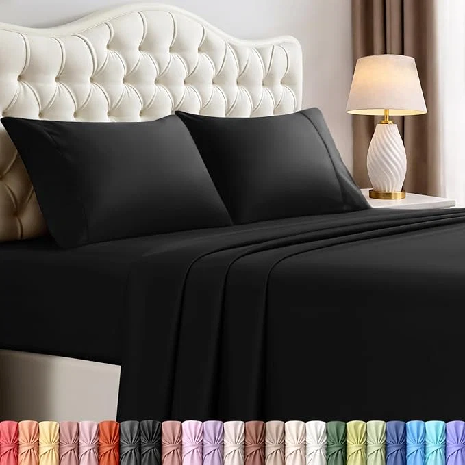 Long-Lasting Utopia Bedding King Size Sheet Set – 4 Piece Bed Sheets Soft and Breathable Microfiber Includes 1 Fitted Sheet 1 Flat Sheet and 2 Pillowcases – Oeko Tex Black Recyclable