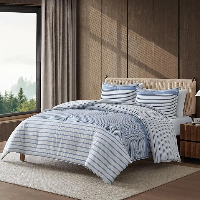 Sophisticated Eddie Bauer - Twin Comforter Set Cotton Bedding with Matching Sham Two-Piece Back Closure Dorm Essentials Cooper Stripe Blue Modern