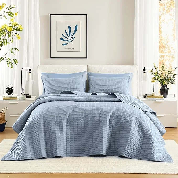 Proven Comfort Spaces Blue Oversized King Quilt Set 120 quot x118 quot Bedspread Quilted Summer Lightweight Microfiber Bedding Coverlet with Double Sided Stitching Soft All Season Cozy 3 Piece with Matching Shams Trendy