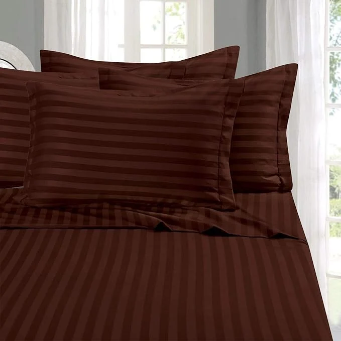 Outstanding Elegant Comfort Softest Coziest 6-Piece Sheet Sets - 1500 Premier Hotel Quality Luxurious Wrinkle Resistant 6-Piece Damask Stripe Bed Sheet Set Full Chocolate Brown Refined