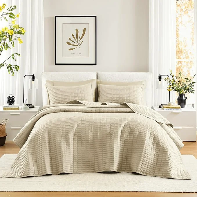 Authentic Comfort Spaces Ivory Oversized King Quilt Set 120 quot x118 quot Bedspread Quilted Summer Lightweight Microfiber Bedding Coverlet with Double Sided Stitching Soft All Season Cozy 3 Piece with Matching Shams Fine