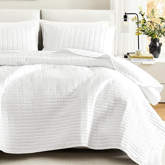 Reusable Comfort Spaces Kienna Quilt Set- Double Sided Stitching Design Summer Blanket Lightweight Soft All Season Bedding Layer Matching Sham White Coverlet Full Queen 90 quot x90 quot 3 Piece Classic