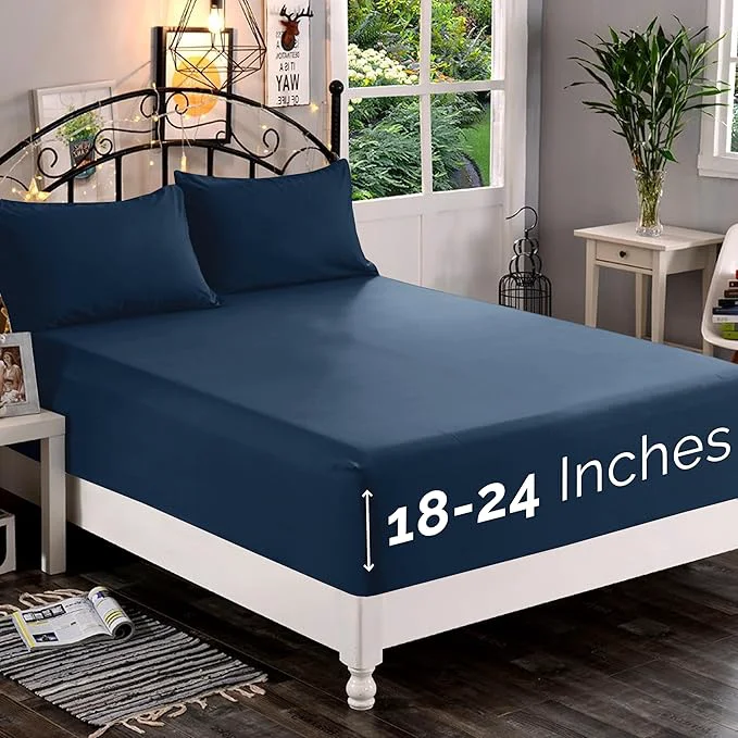 Healthy Elegant Comfort 1500 Premium Quality Fitted Sheet Ultra Soft 18-24 Inch Extra Deep Pocket - Single Fitted Sheet for High Mattress - Wrinkle with Smart Storage Pockets King Navy Blue Top-Quality