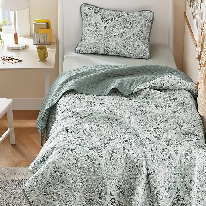 Fine Comfort Spaces Boho Quilt Set Twin Reversible Vermicelli Quilting Twin Size Bed All Season Lightweight Coverlet Winter Layer Bedding Shams Gloria Twin Twin XL Green 2 Piece Quality